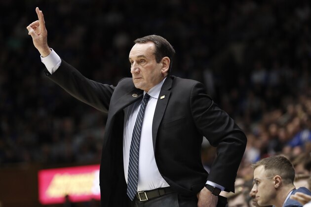 Duke head coach Mike Krzyzewski directs his players against North Carolina State during the first half of an NCAA college basketball game in Durham, N.C., Monday, March 2, 2020. (AP Photo/Gerry Broome)
