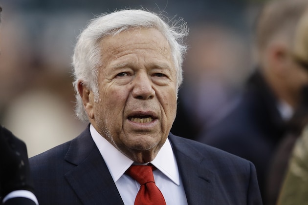 New England Patriots' Robert Kraft talks on the sidelines before an NFL football game against the Philadelphia Eagles, Sunday, Nov. 17, 2019, in Philadelphia. (AP Photo/Matt Rourke)