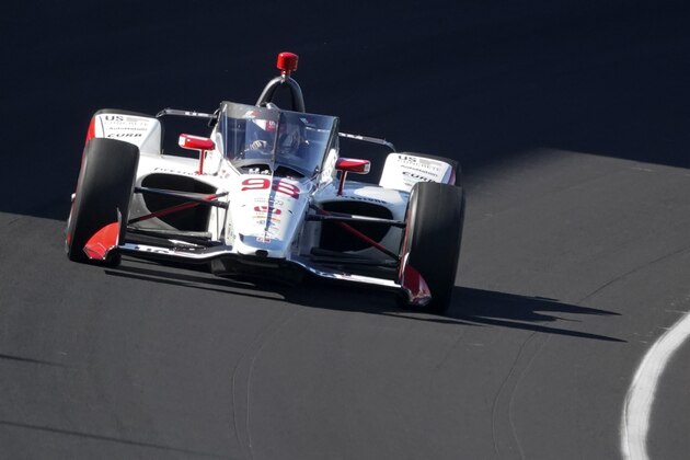 Marco Andretti drives into turn one during a practice session for the Indianapolis 500 auto race at Indianapolis Motor Speedway, Sunday, Aug. 16, 2020, in Indianapolis. (AP Photo/Darron Cummings)