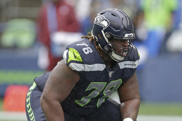 Seattle Seahawks offensive guard D.J. Fluker in action against the New Orleans Saints during an NFL football game, Sunday, Sept. 22, 2019, in Seattle. (AP Photo/Scott Eklund)
