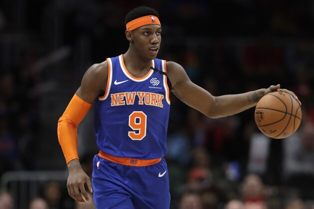 New York Knicks guard RJ Barrett (9) is shown in action during the second half of an NBA basketball game against the New York Knicks Wednesday, March 11, 2020, in Atlanta. (AP Photo/John Bazemore)