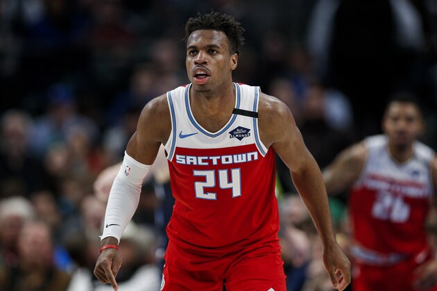 Sacramento Kings guard Buddy Hield (24) during the second half of an NBA basketball game against the Dallas Mavericks, Wednesday, Feb. 12, 2020, in Dallas. Dallas won 130-111. (AP Photo/Brandon Wade)