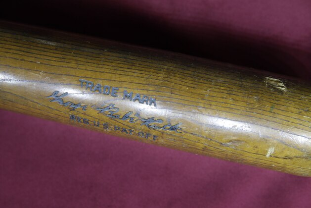 A bat used by Babe Ruth is displayed before an auction in New York, Thursday, Feb. 19, 2015. The bat, which was used by Ruth to hit his 59th home run of the 1921 season, will go up for auction Feb. 21 in New York. (AP Photo/Seth Wenig)