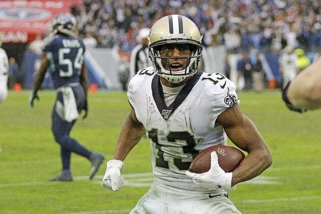 Michael Thomas, de los Saints de Nueva Orleáns, anota en una recepción de dos yardas ante los Titans de Tennessee, el domingo 22 de diciembre de 2019 (AP Foto/James Kenney)