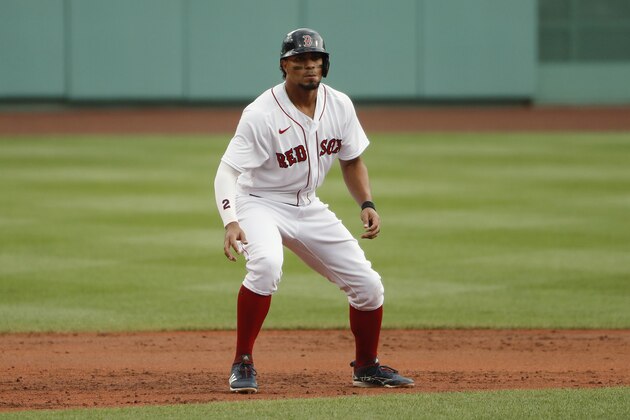Boston Red Sox's Xander Bogaerts takes a lead during the third inning of a baseball game against the Philadelphia Phillies Wednesday, Aug. 19, 2020, at Fenway Park in Boston. (AP Photo/Winslow Townson)
