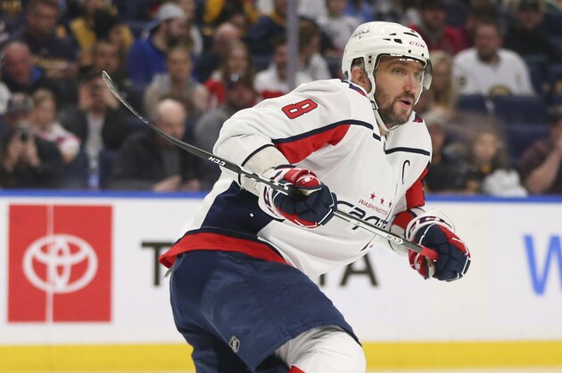 Washington Capitals forward Alex Ovechkin (8) skates during the first period of an NHL hockey game against the Buffalo Sabres, Monday, March 9, 2020, in Buffalo, N.Y. (AP Photo/Jeffrey T. Barnes)