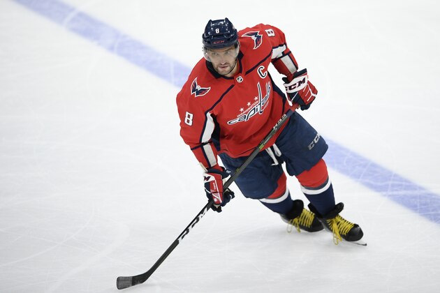 Washington Capitals left wing Alex Ovechkin (8), of Russia, skates during the third period of an NHL hockey game against the Winnipeg Jets, Tuesday, Feb. 25, 2020, in Washington. The Capitals won 4-3 in shootout. (AP Photo/Nick Wass)