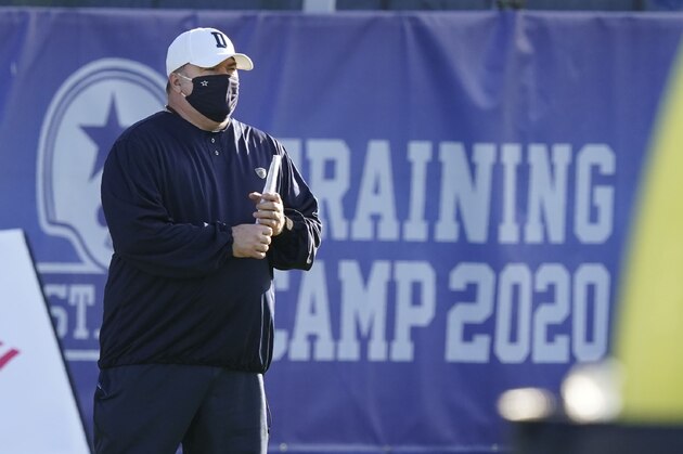 Dallas Cowboys head coach Mike McCarthy watches during an NFL football training camp practice in Frisco, Texas, Friday, Aug. 14, 2020.(AP Photo/LM Otero)