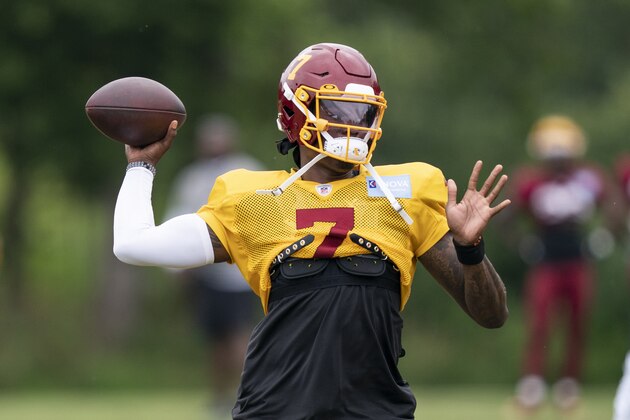 Washington quarterback Dwayne Haskins Jr., throws during practice at the team's NFL football training facility, Wednesday, Aug. 19, 2020, in Ashburn, Va. (AP Photo/Alex Brandon)