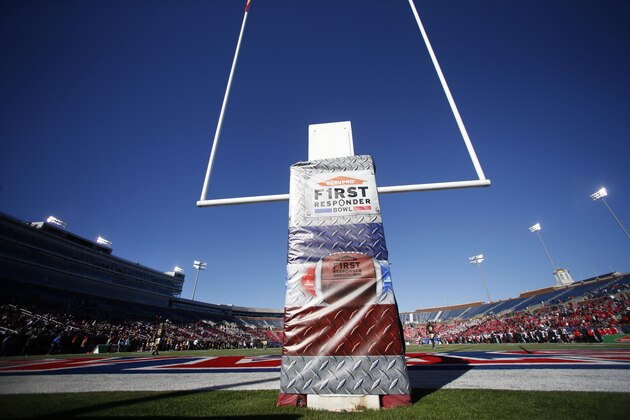 The logo is shown on the goalpost of the NCAA First Responder Bowl college football game between Western Kentucky and Western Michigan in Dallas, Monday, Dec. 30, 2019. (AP Photo/Roger Steinman)