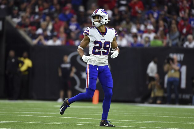 Buffalo Bills' Kevin Johnson (29) lines up against the Houston Texans during the first half of an NFL wild-card playoff football game Saturday, Jan. 4, 2020, in Houston. (AP Photo/Eric Christian Smith)