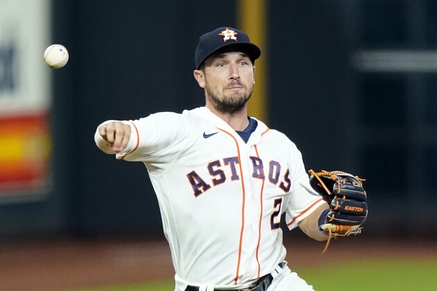 Houston Astros third baseman Alex Bregman throws to first after fielding a ground ball against the San Francisco Giants during the sixth inning of a baseball game Monday, Aug. 10, 2020, in Houston. (AP Photo/David J. Phillip) Houston Astros third baseman Alex Bregman throws to first after fielding a ground ball against the San Francisco Giants during the sixth inning of a baseball game Monday, Aug. 10, 2020, in Houston. (AP Photo/David J. Phillip)