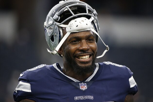 FILE - In this Thursday, Nov. 23, 2017, file photo, Dallas Cowboys' Dez Bryant warms up before an NFL football game against the Los Angeles Chargers in Arlington, Texas. Free-agent wide receiver Bryant took to social media Sunday, Sept. 9, 2018, to call out his former team with a series of critical tweets aimed at the Dallas Cowboys. (AP Photo/Ron Jenkins, File)