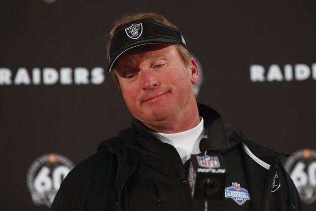 Oakland Raiders head coach Jon Gruden speaks after an NFL football game against the Denver Broncos Sunday, Dec. 29, 2019, in Denver. (AP Photo/David Zalubowski)