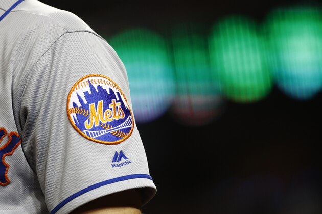 The New York Mets logo is seen on Brandon Nimmo's sleeve as he prepares for an at-bat during a baseball game against the Washington Nationals, Tuesday, Sept. 3, 2019, in Washington. (AP Photo/Patrick Semansky)