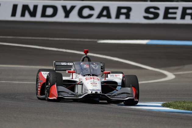 Race driver Marco Andretti drives through a turn during practice for the IndyCar auto race at Indianapolis Motor Speedway in Indianapolis, Friday, July 3, 2020. (AP Photo/Darron Cummings)