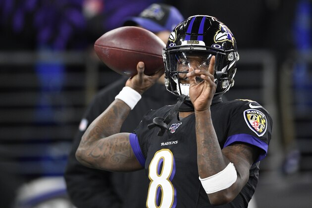 Baltimore Ravens quarterback Lamar Jackson (8) warms up prior to an NFL football game against the New York Jets, Thursday, Dec. 12, 2019, in Baltimore. (AP Photo/Nick Wass) Baltimore Ravens quarterback Lamar Jackson (8) warms up prior to an NFL football game against the New York Jets, Thursday, Dec. 12, 2019, in Baltimore. (AP Photo/Nick Wass)