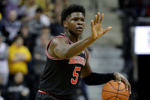 Georgia's Anthony Edwards dribbles during the first half of an NCAA college basketball game against Missouri Tuesday, Jan. 28, 2020, in Columbia, Mo. (AP Photo/Jeff Roberson)