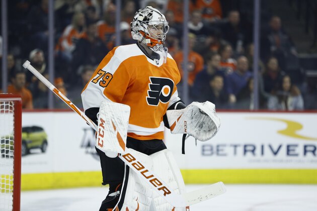 Philadelphia Flyers' Carter Hart plays during an NHL hockey game against the Buffalo Sabres, Saturday, March 7, 2020, in Philadelphia. (AP Photo/Matt Slocum)