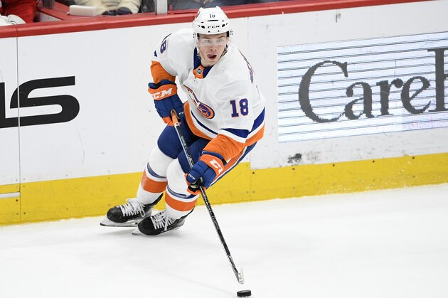 New York Islanders left wing Anthony Beauvillier (18) skates with the puck during the first period of an NHL hockey game against the Washington Capitals, Monday, Feb. 10, 2020, in Washington. (AP Photo/Nick Wass)