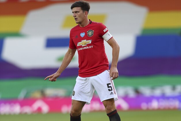 Manchester United's Harry Maguire during the FA Cup sixth round soccer match between Norwich City and Manchester United at Carrow Road stadium in Norwich, England, Saturday, June 27, 2020. (Catherine Ivill/Pool via AP)