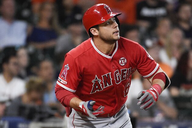 Los Angeles Angels' David Fletcher watches his bloop RBI single during the second inning of a baseball game against the Houston Astros, Saturday, Sept. 21, 2019, in Houston. (AP Photo/Eric Christian Smith)