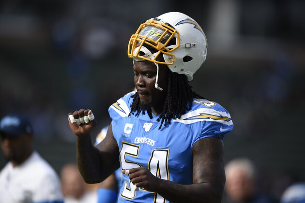 Los Angeles Chargers defensive end Melvin Ingram warms up before an NFL football game against the Oakland Raiders Sunday, Dec. 22, 2019, in Carson, Calif. (AP Photo/Kelvin Kuo)