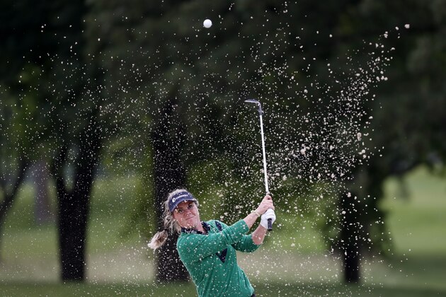 Daniela Holmqvist, of Sweden, hits out of a bunker on the 11th green during the second round of the KPMG Women's PGA Championship golf tournament, Friday, June 21, 2019, in Chaska, Minn. (AP Photo/Charlie Neibergall)