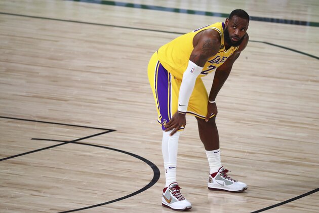 Los Angeles Lakers forward LeBron James (23) looks on during the second half of Game 2 of an NBA basketball first-round playoff series against the Portland Trail Blazers, Thursday, Aug. 20, 2020, in Lake Buena Vista, Fla. (Kim Klement/Pool Photo via AP) Los Angeles Lakers forward LeBron James (23) looks on during the second half of Game 2 of an NBA basketball first-round playoff series against the Portland Trail Blazers, Thursday, Aug. 20, 2020, in Lake Buena Vista, Fla. (Kim Klement/Pool Photo via AP)