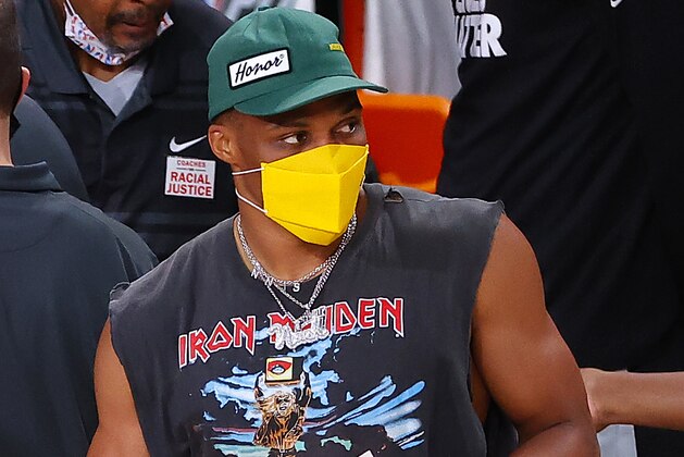 Houston Rockets' Russell Westbrook stands on the sideline during the second quarter of Game 2 of an NBA basketball first-round playoff series against the Oklahoma City Thunder, Thursday, Aug. 20, 2020, in Lake Buena Vista, Fla. (Kevin C. Cox/Pool Photo via AP)