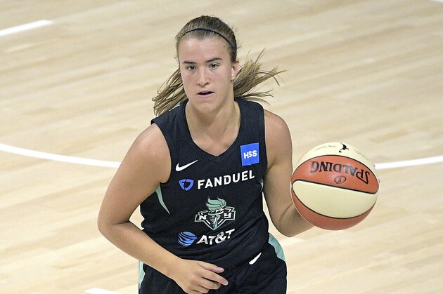 New York Liberty guard Sabrina Ionescu (20) brings the ball up the court during the second half of a WNBA basketball game against the Seattle Storm, Saturday, July 25, 2020, in Bradenton, Fla. (AP Photo/Phelan M. Ebenhack)