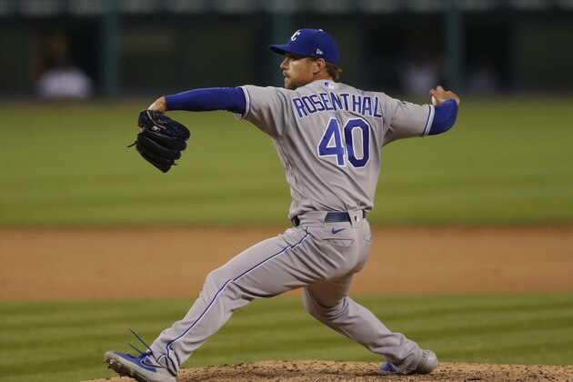 Kansas City Royals relief pitcher Trevor Rosenthal throws during the eighth inning of a baseball game against the Detroit Tigers, Tuesday, July 28, 2020, in Detroit. (AP Photo/Carlos Osorio)