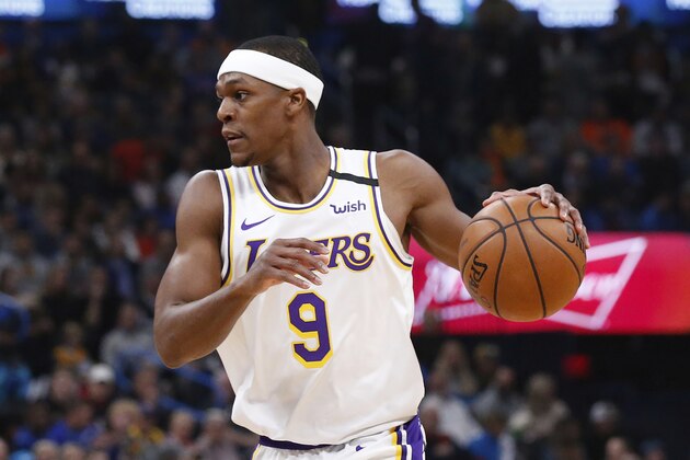 Los Angeles Lakers guard Rajon Rondo (9) during an NBA basketball game against the Oklahoma City Thunder Saturday, Jan. 11, 2020, in Oklahoma City. (AP Photo/Sue Ogrocki)