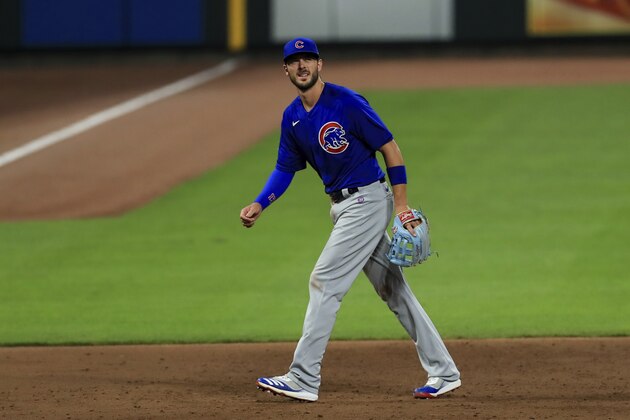 Chicago Cubs' Kris Bryant (17) during a baseball game against the Cincinnati Reds in Cincinnati, Wednesday, July 29, 2020. The Reds won 12-7. (AP Photo/Aaron Doster)