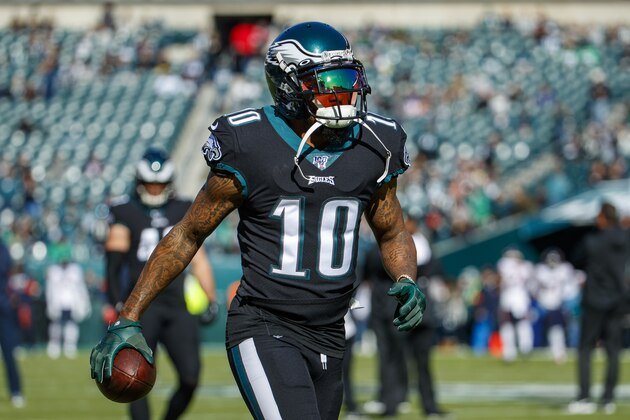 Philadelphia Eagles wide receiver DeSean Jackson (10) looks on prior to the the NFL football game against the Chicago Bears, Sunday, Nov. 3, 2019, in Philadelphia. The Eagles won 22-14. (AP Photo/Chris Szagola)