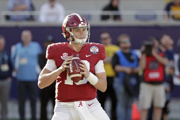 Alabama quarterback Mac Jones looks for a receiver against Michigan during the second half of the Citrus Bowl NCAA college football game, Wednesday, Jan. 1, 2020, in Orlando, Fla. (AP Photo/John Raoux)