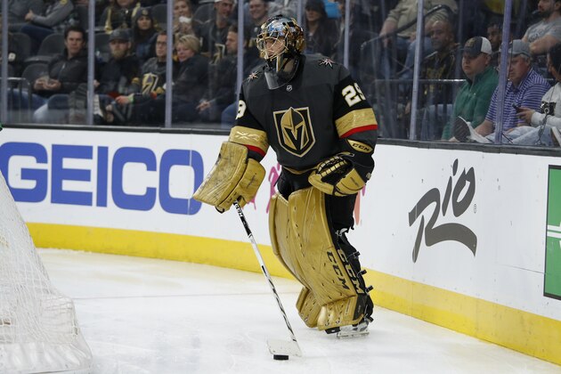 Vegas Golden Knights goaltender Marc-Andre Fleury (29) plays against the Los Angeles Kings during an NHL hockey game Sunday, March 1, 2020, in Las Vegas. (AP Photo/John Locher)