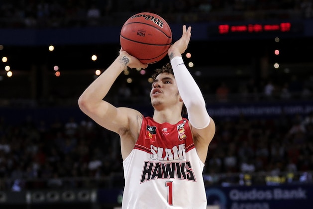 LaMelo Ball of the Illawarra Hawks shoots during their game against the Sydney Kings in the Australian Basketball League in Sydney, Sunday, Nov. 17, 2019. (AP Photo/Rick Rycroft)