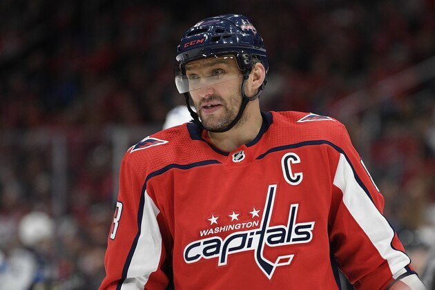 Washington Capitals left wing Alex Ovechkin (8), of Russia, stands on the ice during the first period of an NHL hockey game against the Winnipeg Jets, Tuesday, Feb. 25, 2020, in Washington. (AP Photo/Nick Wass)