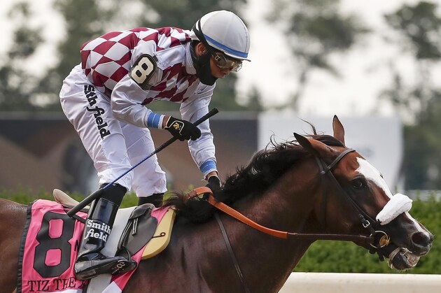 Jockey Manny Franco reacts after winning the 152nd running of the Belmont Stakes horse race atop Tiz the Law, Saturday, June 20, 2020, in Elmont, N.Y. (AP Photo/Seth Wenig) Jockey Manny Franco reacts after winning the 152nd running of the Belmont Stakes horse race atop Tiz the Law, Saturday, June 20, 2020, in Elmont, N.Y. (AP Photo/Seth Wenig)