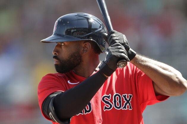 Boston Red Sox center fielder Jackie Bradley Jr. (19) bats against the Philadelphia Phillies during a spring training baseball game Thursday, Feb. 27, 2020, in Fort Myers, Fla. (AP Photo/John Bazemore)
