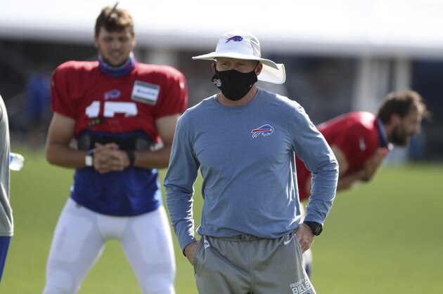 Buffalo Bills Head Coach Sean McDermott runs practice form the middle of the field with a mask on during the second day of training camp opened to the media at ADPRO Sports Training Center's outdoor field in Orchard Park, N.Y., Tuesday, Aug. 18, 2020. P (James P. McCoy/Buffalo News via AP, Pool)