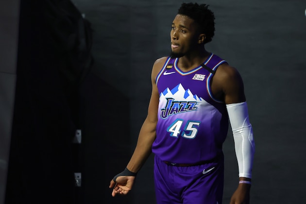 Utah Jazz's Donovan Mitchell reacts against the Memphis Grizzlies during the second half of an NBA basketball game Wednesday, Aug. 5, 2020, in Lake Buena Vista, Fla. (Kevin C. Cox/Pool Photo via AP)