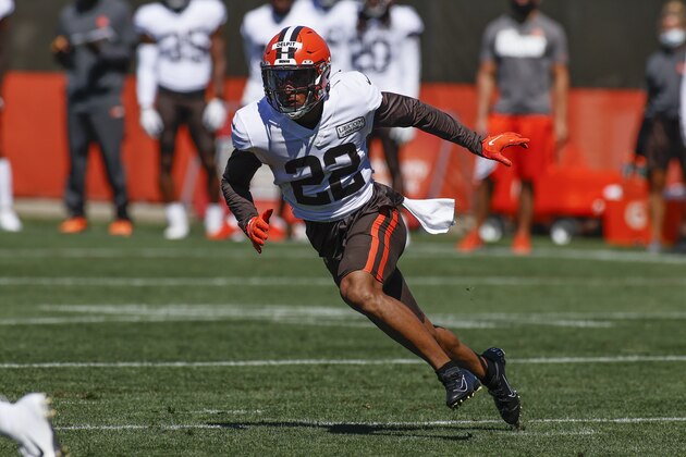 Cleveland Browns safety Grant Delpit runs through a drill during practice at the NFL football team's training facility Wednesday, Aug. 19, 2020, in Berea, Ohio. (AP Photo/Ron Schwane)