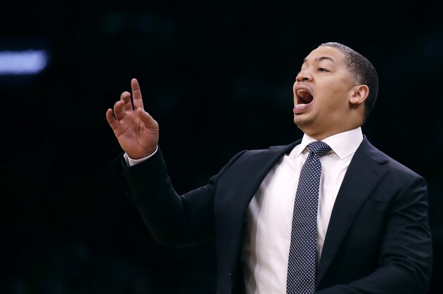 Cleveland Cavaliers head coach Ty Lue calls to his players during the second quarter of an NBA basketball game against the Boston Celtics in Boston, Tuesday, Oct. 2, 2018. (AP Photo/Charles Krupa)