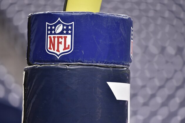 An NFL logo is stamped on the upright before the first half of an AFC Wild Card NFL football game between the Houston Texans and the Oakland Raiders, Saturday, Jan. 7, 2017, in Houston. (AP Photo/Eric Christian Smith)