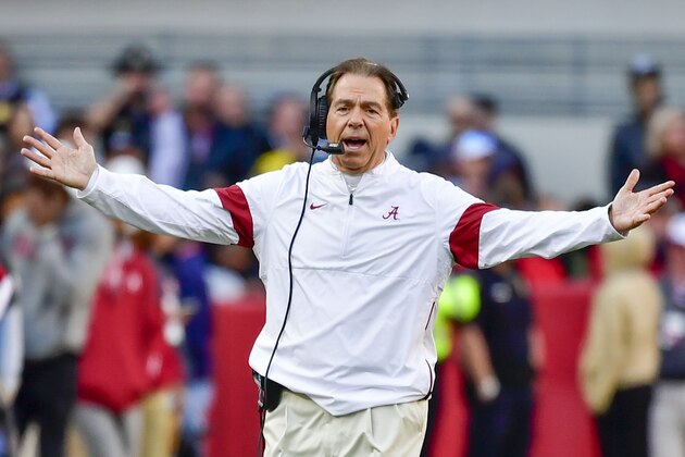 Alabama head coach Nick Saban argues for a call against LSU in the first half of an NCAA football game Saturday, Nov. 9, 2019, in Tuscaloosa, Ala. (AP Photo/Vasha Hunt)