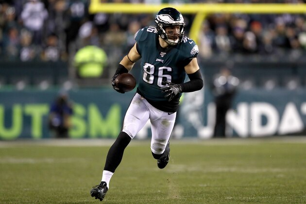 Philadelphia Eagles tight end Zach Ertz runs with the ball after making a catch against the Seattle Seahawks during the second half of an NFL wild-card playoff football game, Sunday, Jan. 5, 2020, in Philadelphia. The Seahawks won 17-9. (AP Photo/Julio Cortez)