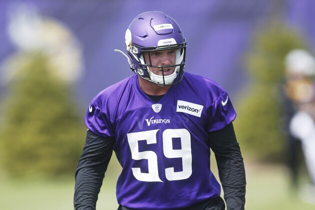 Minnesota Vikings linebacker Cameron Smith works out during rookie minicamp at the NFL football team's complex Friday, May 3, 2019, in Eagan, Minn. (AP Photo/Jim Mone)