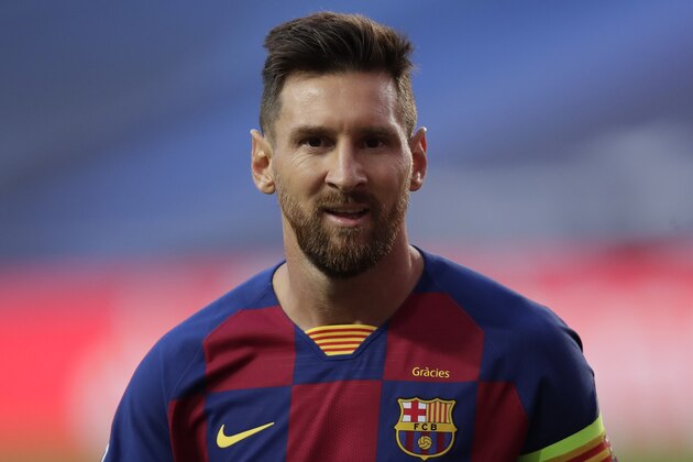 Barcelona's Lionel Messi looks on during the Champions League quarterfinal match between FC Barcelona and Bayern Munich at the Luz stadium in Lisbon, Portugal, Friday, Aug. 14, 2020. (AP Photo/Manu Fernandez/Pool)